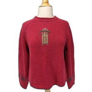 Woolrich Red Sled Sweater LS Knit Rolled Neck Hem SZ M